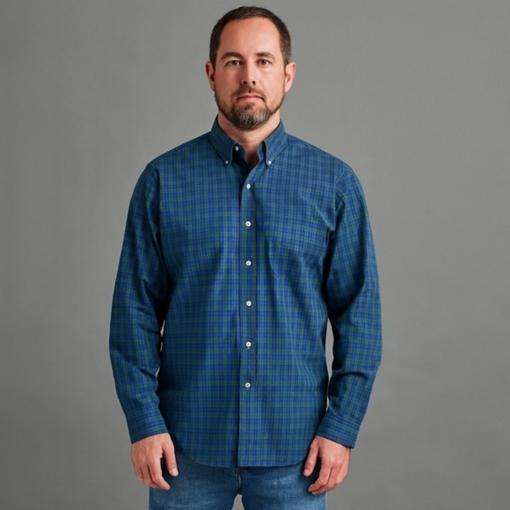 Land's End Mens Black Watch Plaid Tailor Fit Button down Shirt 17.5/36T EUC #826